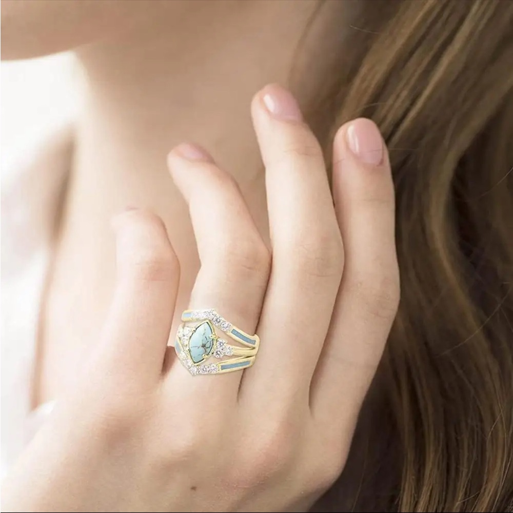 New Women’s Yellow Gold Plated 3pcs/set Multilayer Turquoise Ring - Picture 2 of 6